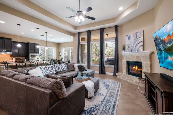 Dining room, Fireplace, Interior, Living room, Pendant Lights, Recessed Lighting