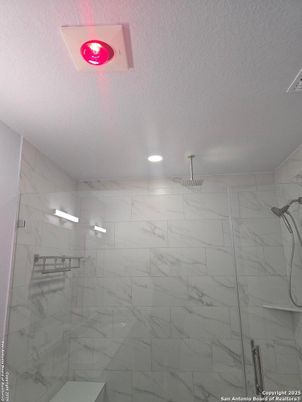 Bathroom, Glass Shower, Interior, Marble Walls, Recessed Lighting