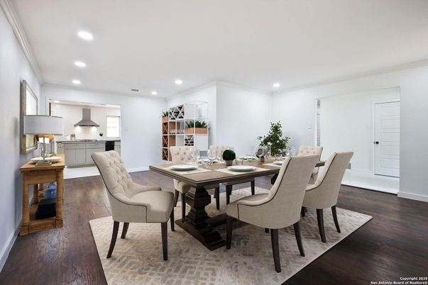 Dining room, Interior, Kitchen, Recessed Lighting, Wood Texture Flooring