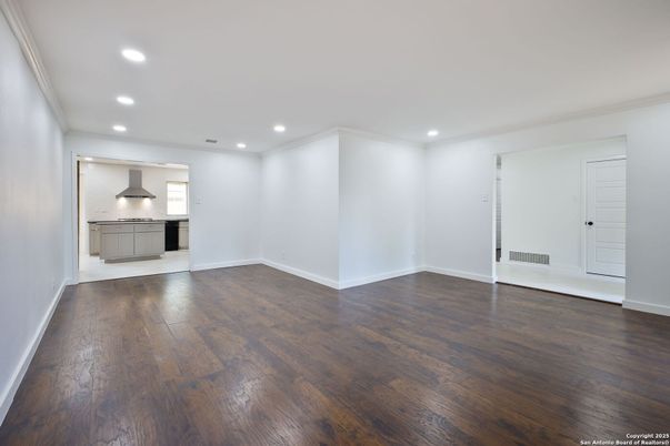 Empty room, Interior, Kitchen, Recessed Lighting, Wood Texture Flooring