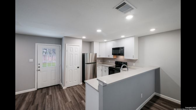 Interior, Kitchen, Recessed Lighting, Stainless Steel Appliances, Wood Texture Flooring