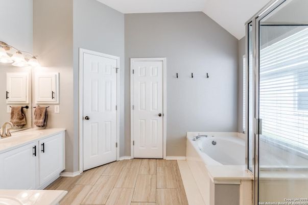 Bathroom, Glass Shower, Interior, Wood Texture Flooring