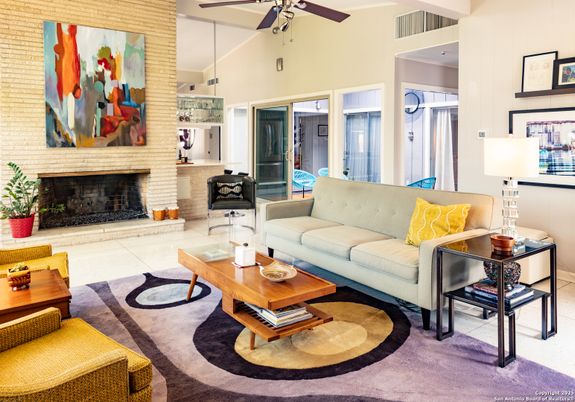 Fireplace, Interior, Living room, Pendant Lights, Stone Walls