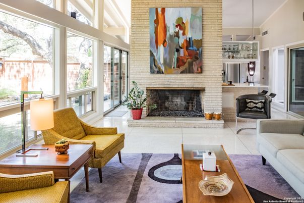 Fireplace, Interior, Living room, Pendant Lights, Stone Walls