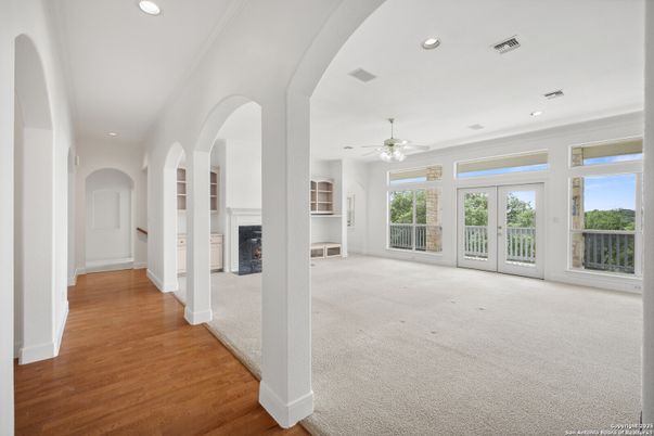 Empty room, Fireplace, Interior, Recessed Lighting, Wood Texture Flooring
