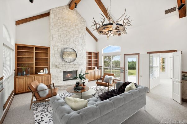 Chandelier, Fireplace, Interior, Living room, Stone Walls, Wooden Beams