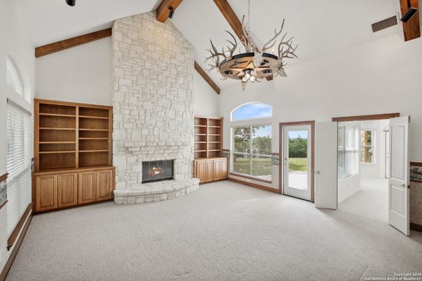 Chandelier, Empty room, Fireplace, Interior, Stone Walls, Wooden Beams