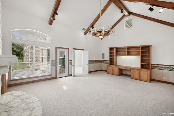 Chandelier, Empty room, Interior, Wooden Beams