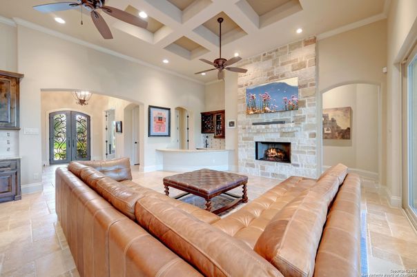 Fireplace, Interior, Living room, Recessed Lighting, Stone Walls