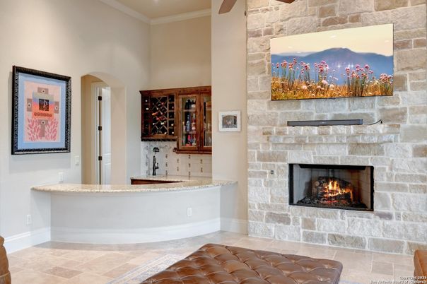 Fireplace, Interior, Recessed Lighting, Stone Walls