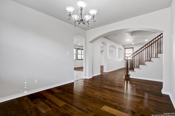 Chandelier, Empty room, Interior, Recessed Lighting, Wood Texture Flooring