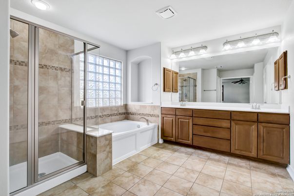 Bathroom, Dual Sink Vanities, Glass Shower, Interior, Recessed Lighting