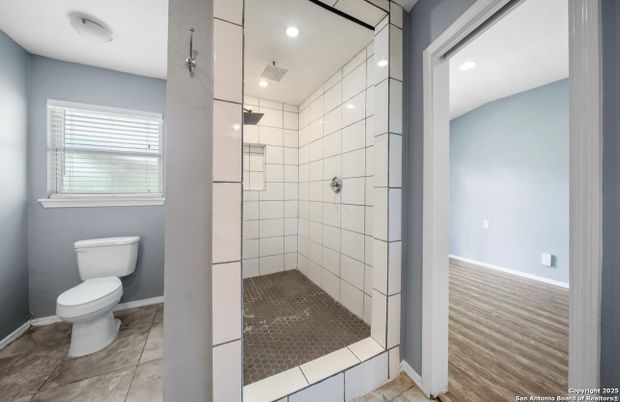 Bathroom, Glass Shower, Interior, Recessed Lighting, Wood Texture Flooring
