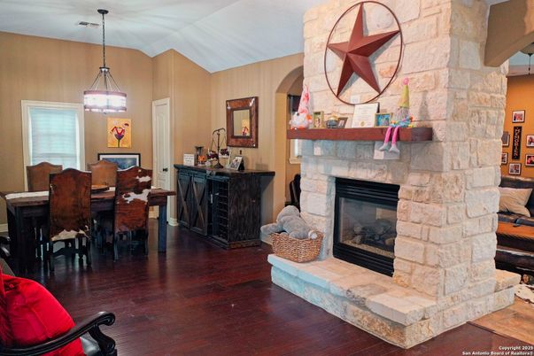 Dining room, Fireplace, Interior, Pendant Lights, Wood Texture Flooring