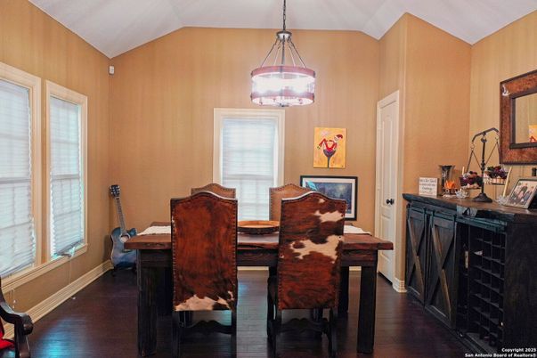 Dining room, Interior, Pendant Lights, Wood Texture Flooring