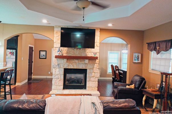 Fireplace, Interior, Living room, Recessed Lighting, Wood Texture Flooring