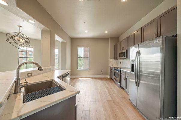 Interior, Kitchen, Recessed Lighting, Stainless Steel Appliances, Wood Texture Flooring