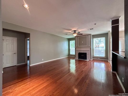 Empty room, Fireplace, Interior, Recessed Lighting, Wood Texture Flooring