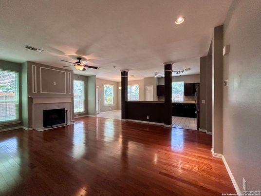 Empty room, Fireplace, Interior, Recessed Lighting, Wood Texture Flooring