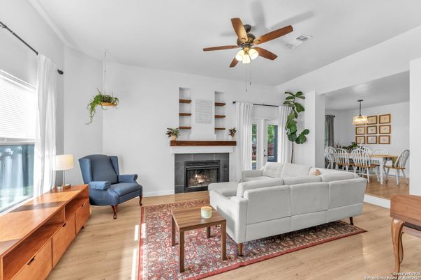 Dining room, Fireplace, Interior, Living room, Pendant Lights, Wood Texture Flooring