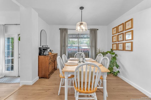 Dining room, Interior, Pendant Lights, Wood Texture Flooring