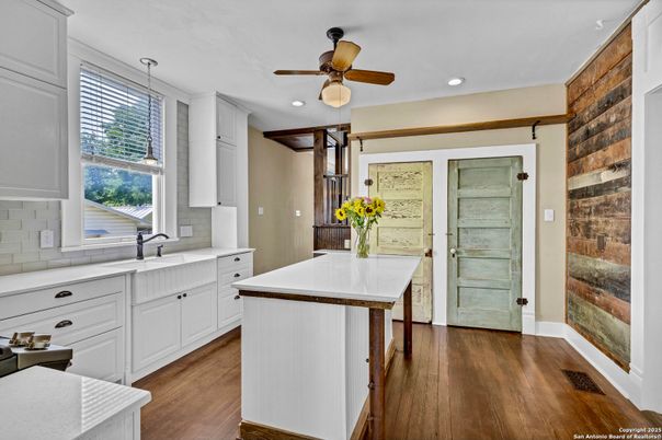 Interior, Kitchen, Pendant Lights, Recessed Lighting, Wood Texture Flooring
