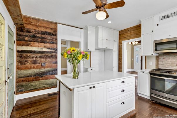 Interior, Kitchen, Recessed Lighting, Stainless Steel Appliances, Wood Texture Flooring, Wooden Walls