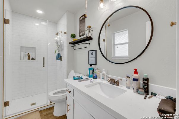 Bathroom, Glass Shower, Interior, Recessed Lighting, Wood Texture Flooring
