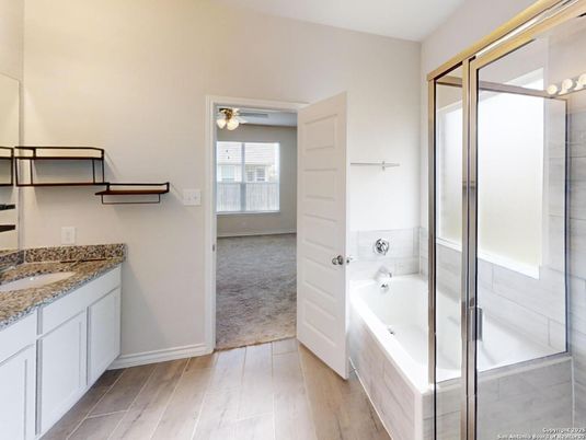 Bathroom, Glass Shower, Interior, Wood Texture Flooring