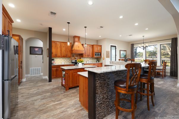 Dining room, Interior, Kitchen, Pendant Lights, Recessed Lighting, Wood Texture Flooring