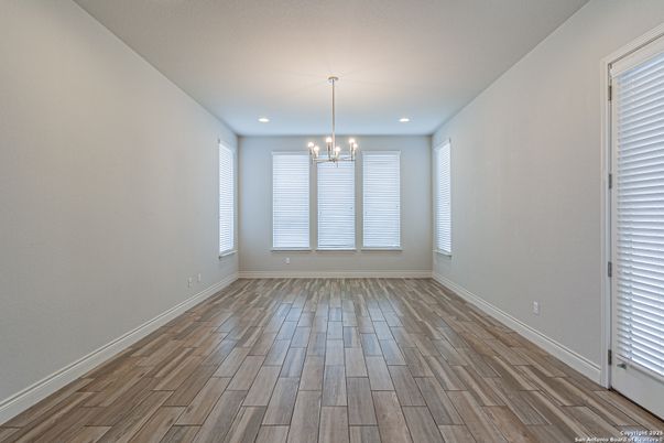 Chandelier, Empty room, Interior, Recessed Lighting, Wood Texture Flooring