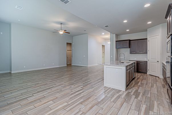 Empty room, Interior, Kitchen, Recessed Lighting, Wood Texture Flooring