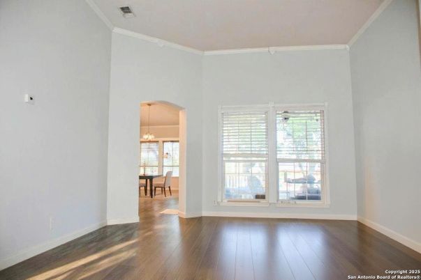 Chandelier, Dining room, Empty room, Interior, Pendant Lights, Wood Texture Flooring