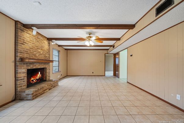 Empty room, Fireplace, Interior, Stone Walls, Wooden Beams