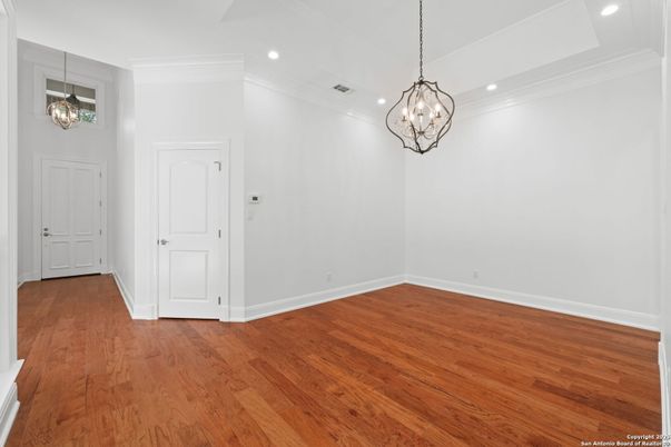 Chandelier, Empty room, Interior, Pendant Lights, Recessed Lighting, Wood Texture Flooring