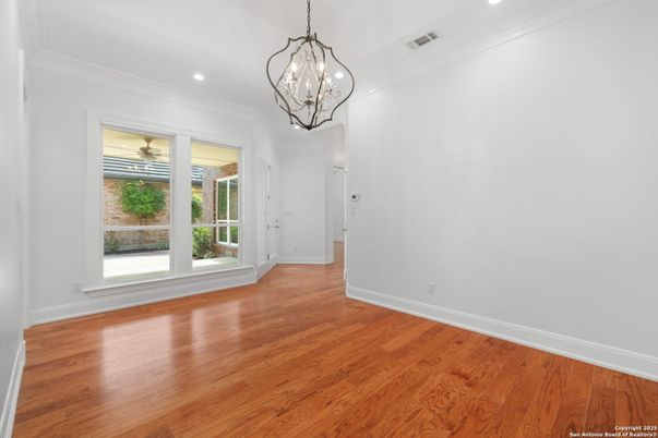 Chandelier, Empty room, Interior, Pendant Lights, Recessed Lighting, Wood Texture Flooring