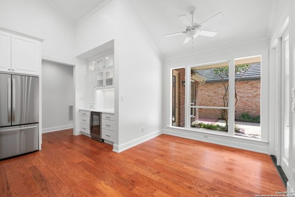 Empty room, Interior, Kitchen, Stainless Steel Appliances, Wood Texture Flooring