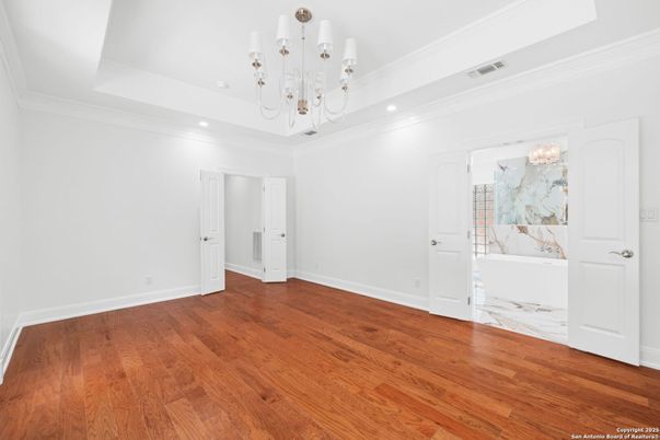 Chandelier, Empty room, Interior, Recessed Lighting, Wood Texture Flooring