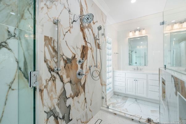 Bathroom, Glass Shower, Interior, Marble, Marble Walls, Recessed Lighting