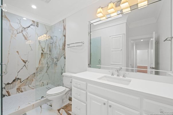 Bathroom, Glass Shower, Interior, Marble Walls, Recessed Lighting