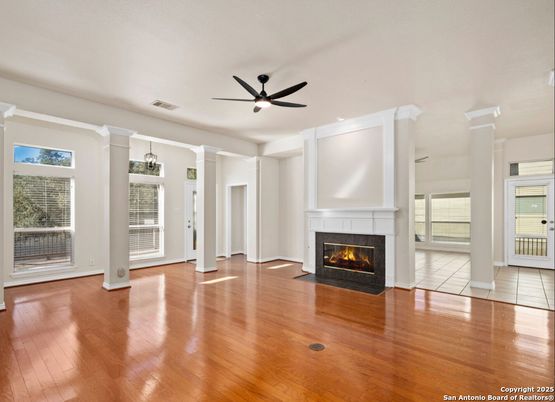 Empty room, Fireplace, Interior, Pendant Lights, Wood Texture Flooring