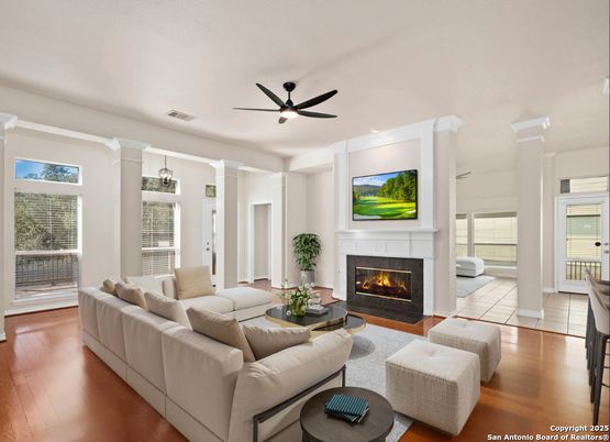 Fireplace, Interior, Living room, Pendant Lights, Recessed Lighting, Wood Texture Flooring