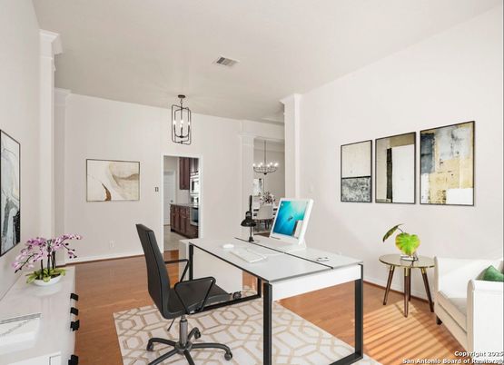 Chandelier, Home Office, Interior, Pendant Lights, Wood Texture Flooring