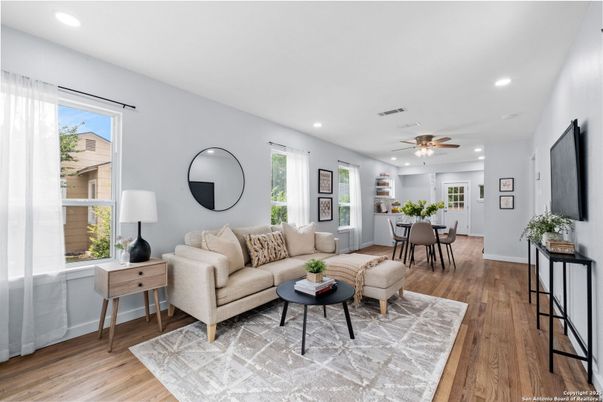 Dining room, Interior, Living room, Recessed Lighting, Wood Texture Flooring
