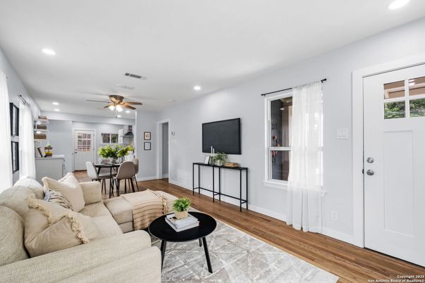 Dining room, Interior, Living room, Recessed Lighting, Wood Texture Flooring