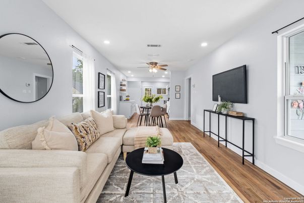 Dining room, Interior, Living room, Recessed Lighting, Wood Texture Flooring