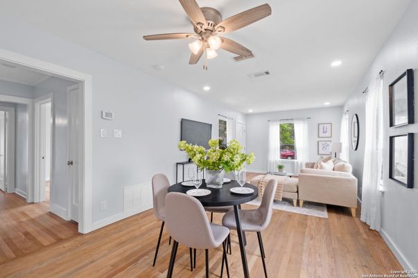 Dining room, Interior, Living room, Recessed Lighting, Wood Texture Flooring