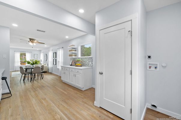 Dining room, Interior, Recessed Lighting, Wood Texture Flooring