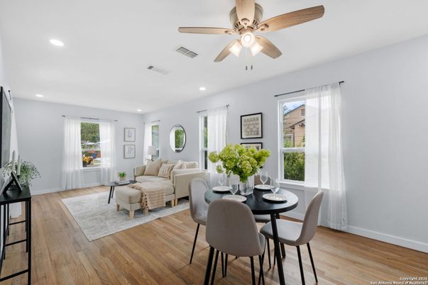 Dining room, Interior, Living room, Recessed Lighting, Wood Texture Flooring