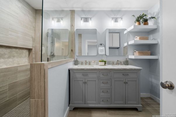 Bathroom, Dual Sink Vanities, Interior, Wood Texture Flooring